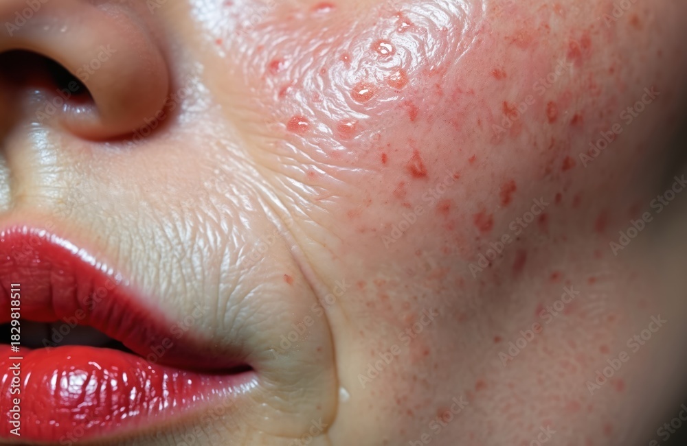 Obraz premium Close up view of woman aging skin. Face displays adult acne, red pimples, deep pitted scars, fine wrinkles around mouth, nose. Bright red glossy lipstick creates strong contrast on textured skin.