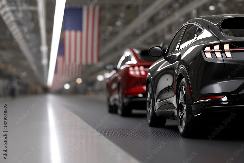 Naklejka premium global manufacturing challenges, economic tensions emerging as factory assembly lines slow, with us and china flags subtly intertwined