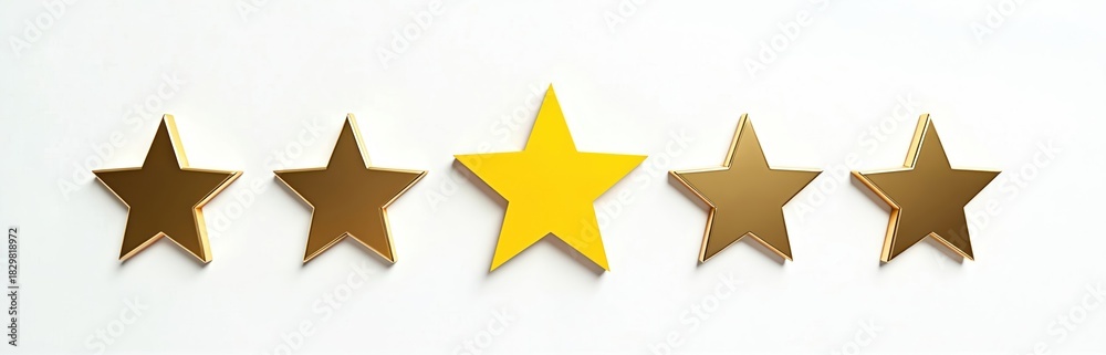 Fototapeta premium Gold and yellow stars on white background. Illustration of five star customer rating or business service feedback concept. Best quality success product award sign and symbols.