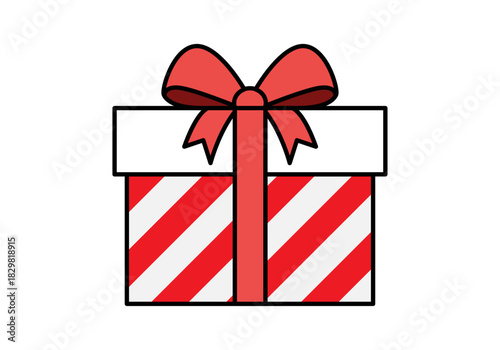 Caja de regalo blanca y roja con patrón de rayas diagonales y un lazo festivo