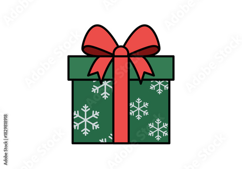 Caja de regalo de navidad verde con patrón de copos de nieve y lazo rojo