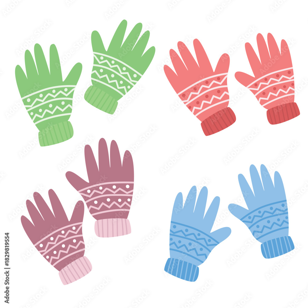 Fototapeta premium Winter gloves vector set in flat cartoon style. Colorful knitted gloves clipart for cold weather. Winter clothing illustration isolated on white background.