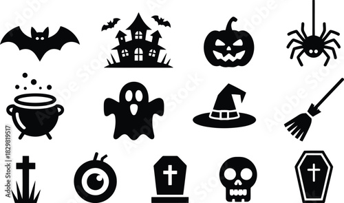 Collection of twelve black silhouette Halloween icons including a bat, ghost, pumpkin, and haunted house