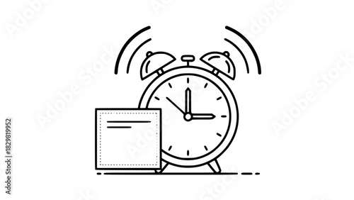 Vector reminder concept with alarm clock, ringing lines, small note beside the clock, clean modern line art, isolated on white, minimal style