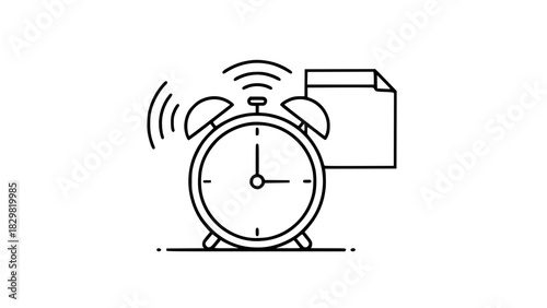 Vector reminder concept with alarm clock, ringing lines, small note beside the clock, clean modern line art, isolated on white, minimal style