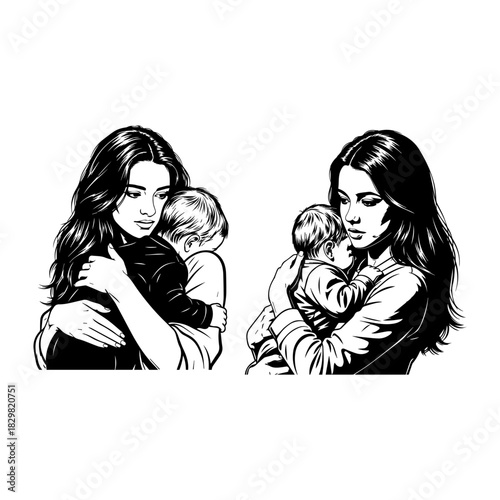 A mother and child hugging silhouette