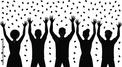 Five cheerful people silhouettes raise their hands in celebration with falling confetti