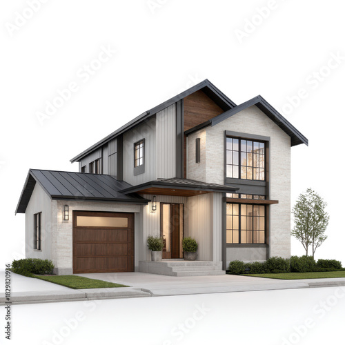 Modern two-story house with white brick siding dark roof and large windows on a white background home, Isolated On White, Png Transparent, Cut Out