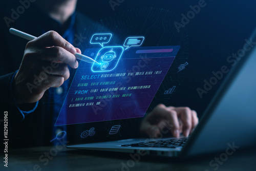 A developer interacting with an AI-assisted SQL search interface, featuring smart autocomplete, intelligent query suggestions, and code for modern data analysis and advanced programming workflows.