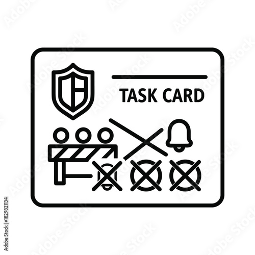Black and white icon representing a task card with security shield, barrier, crossed out items, and notification bell, isolated on