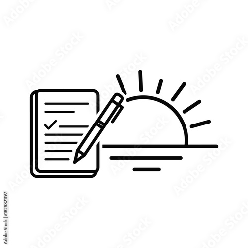 Minimalist line art icon representing morning routine planning with a checklist and rising sun isolated on