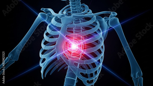 Anatomical illustration of rib cage and arm bones with a bright red glow in the center of the chest