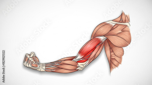 Illustration of a muscular arm flexing with detailed muscle structure and visible tendons shown clearly