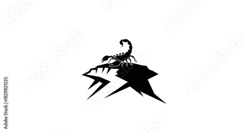 Black scorpion silhouette perched atop jagged rock formation isolated on white background.