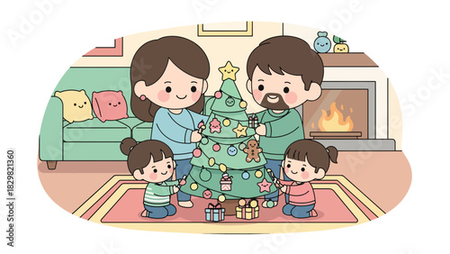 Cute kawaii family decorating a Christmas tree with smiling ornaments and lights. Ideal for adorable holiday activities, family moments, and festive winter designs