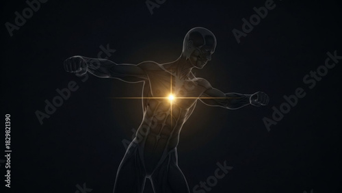 Human figure with glowing chest and outstretched arms in a dark environment showing muscles
