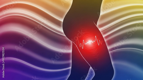 Silhouette of human legs with red pain area and white heartbeat line on abstract colorful background