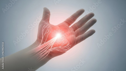 Illustration of a human hand with visible nerves and a bright spot indicating pain or inflammation