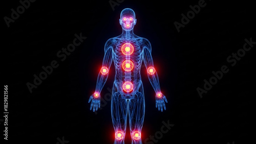 Human body scan with highlighted pain points and visible skeleton on a black background design view