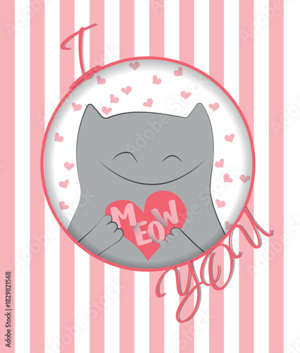 A cute and playful Valentine’s card featuring a smiling grey cat and typography saying I meow you