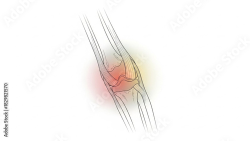 Illustration of a knee joint with ligaments and tendons showing potential pain or inflammation in the area