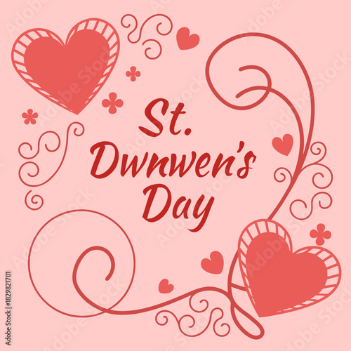 Elegant St Dwynwen s Day Design with Hearts and Swirls on a Pink Background
