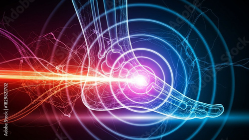 Illustration of a foot with radiating pain and concentric circles highlighting the affected area of the foot