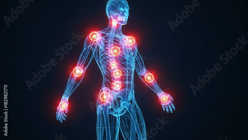 Human body skeleton with highlighted joints and bones indicating pain or inflammation on a dark background