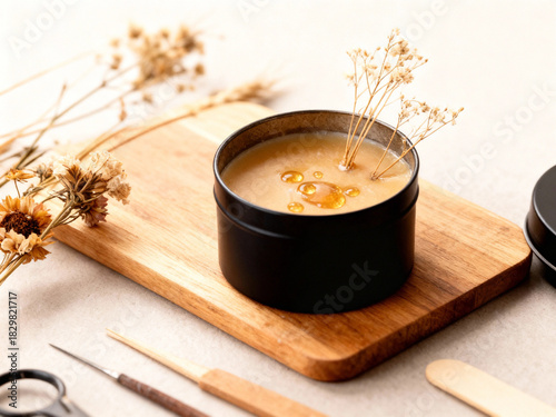 Aesthetic beeswax candle in black container on wooden surface with flowers  
