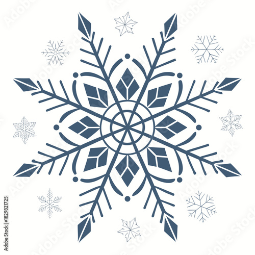 Stylized dark blue snowflake design with smaller flakes