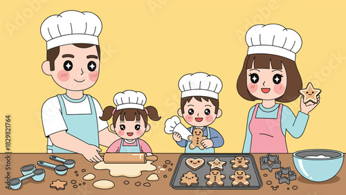 Kawaii family baking smiling gingerbread cookies together. Perfect for cute winter traditions, cozy holiday kitchens, and joyful family Christmas activities