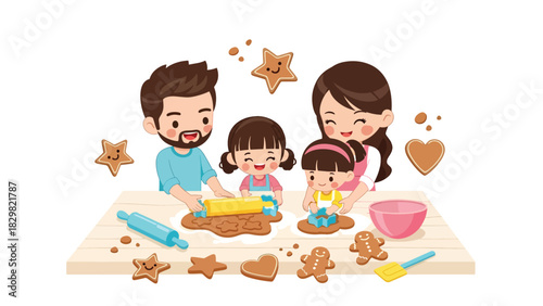 Kawaii family baking smiling gingerbread cookies together. Perfect for cute winter traditions, cozy holiday kitchens, and joyful family Christmas activities