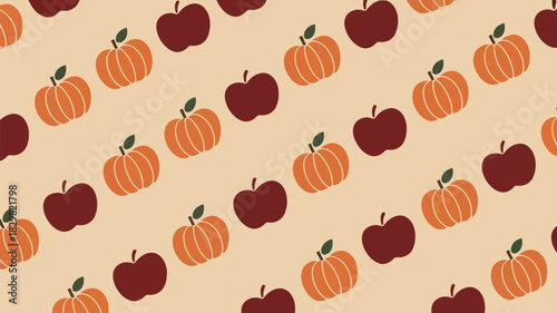 Autumn harvest pattern featuring seasonal apples and pumpkins creates a cozy fall mood for Thanksgiving celebrations, Halloween decorations, and harvest festivals
