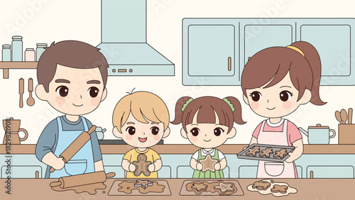 Kawaii family baking smiling gingerbread cookies together. Perfect for cute winter traditions, cozy holiday kitchens, and joyful family Christmas activities