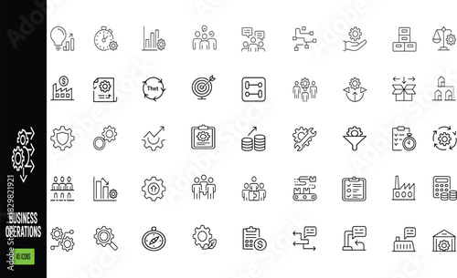 Business Operations Vector Icon Pack – Production Planning, Team Collaboration, Process Improvement, Decision Making, Thin Linear Style