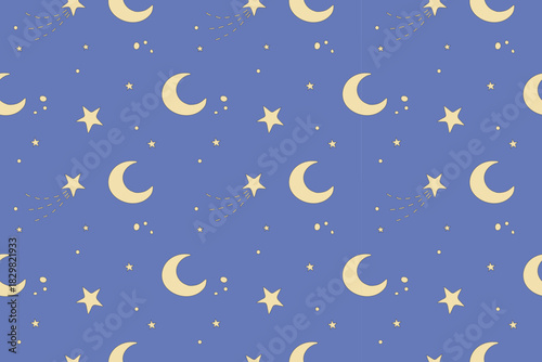 seamless pattern soft yellow moons, stars, and tiny dotted accents on a blue background. Ideal for dreamy night themes, cute textiles, children’s decor, celestial designs, and calming creative visuals