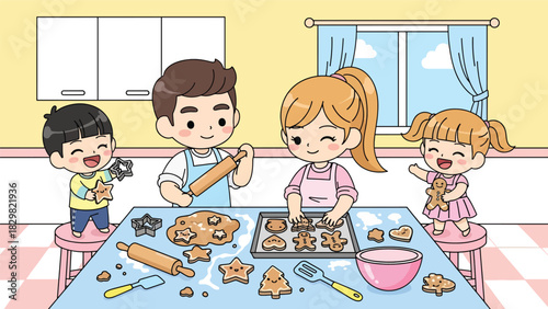 Kawaii family baking smiling gingerbread cookies together. Perfect for cute winter traditions, cozy holiday kitchens, and joyful family Christmas activities