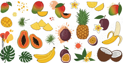 A vibrant collection of tropical fruits including mangoes, pineapples, papayas, bananas, passion fruits, and coconuts, with exotic leaves and flowers.