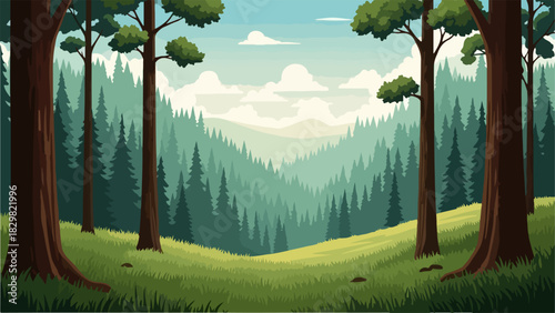 Stylized illustration of a lush green forest with tall trees in the foreground and a dense valley of evergreens stretching into the distance under a cloudy sky.