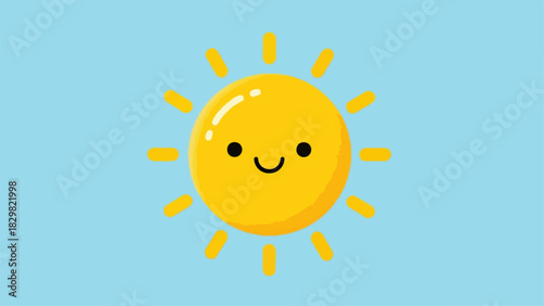 A cute cartoon yellow sun with a happy smiling face and rays on a light blue background.