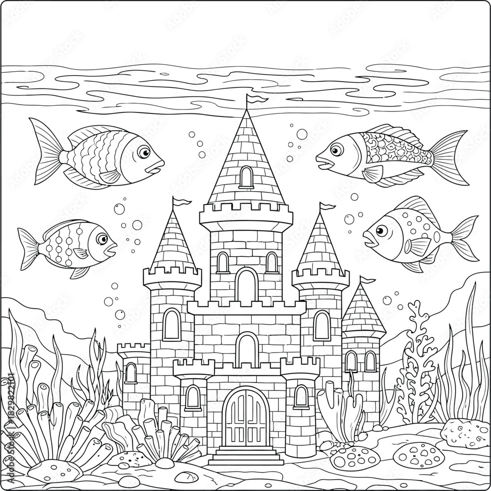 Obraz premium Fantasy Ocean Castle Scene Line Art for Coloring Book