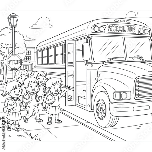 Back to School Bus Scene Coloring Page