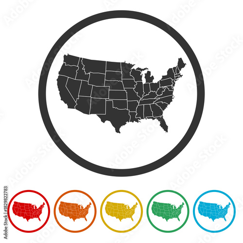 USA map icon. Set icons in color circle buttons