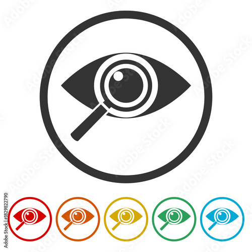 Magnifying glass with eye icon. Set icons in color circle buttons