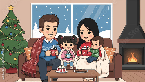 Cute kawaii family drinking hot cocoa with marshmallows during winter. Ideal for warm cozy holiday scenes and adorable family Christmas memories