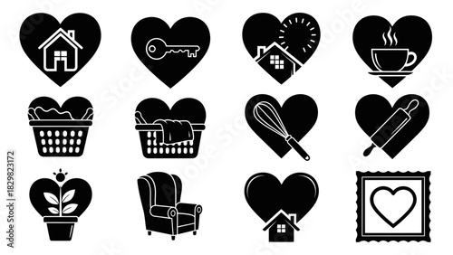 Heart shaped icons representing home family and domestic activities in black and white