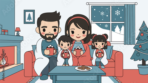 Cute kawaii family drinking hot cocoa with marshmallows during winter. Ideal for warm cozy holiday scenes and adorable family Christmas memories