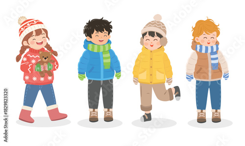 Winter Kids Clipart Set with four adorable children dressed in cozy winter outfits. Each character is designed in a cute flat cartoon style with warm jackets, scarves, hats, boots. Hello winter vector