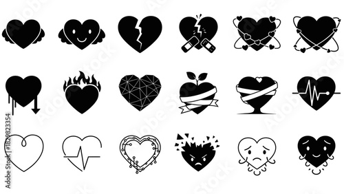Collection of black and white grunge heart icons for valentine s day