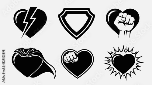 Superhero heart icons power protection and resilience in graphic design